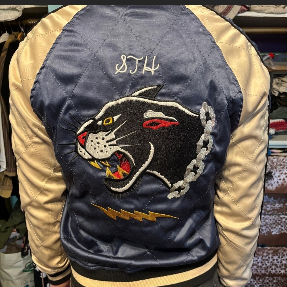 Embroidered Reversible Panther & Skull Satin Bomber